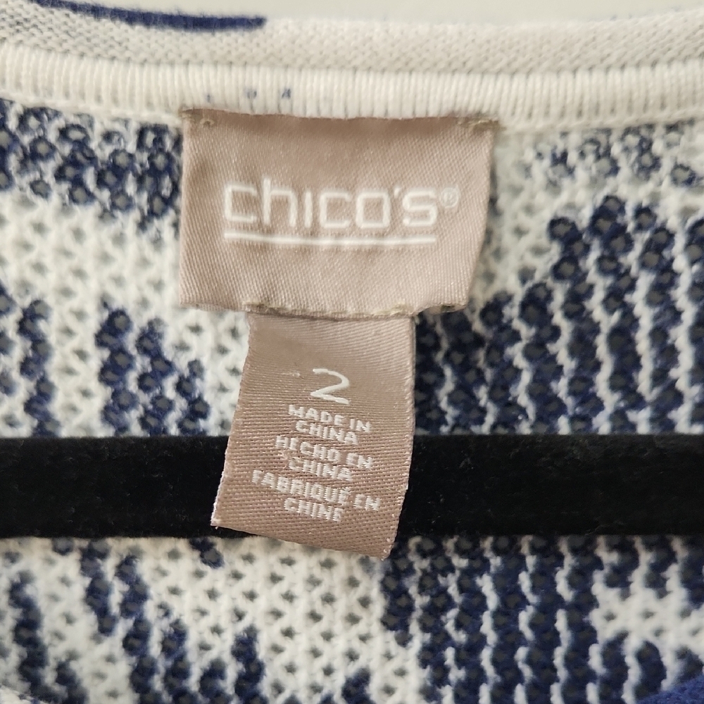 Chico's Navy and White Floral Long Sleeve Waffle Weave Cotton Sweater Large - Picture 2 of 9